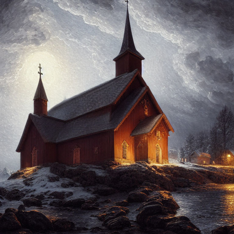 Wooden Church on Rocky Shore with Glowing Windows at Twilight