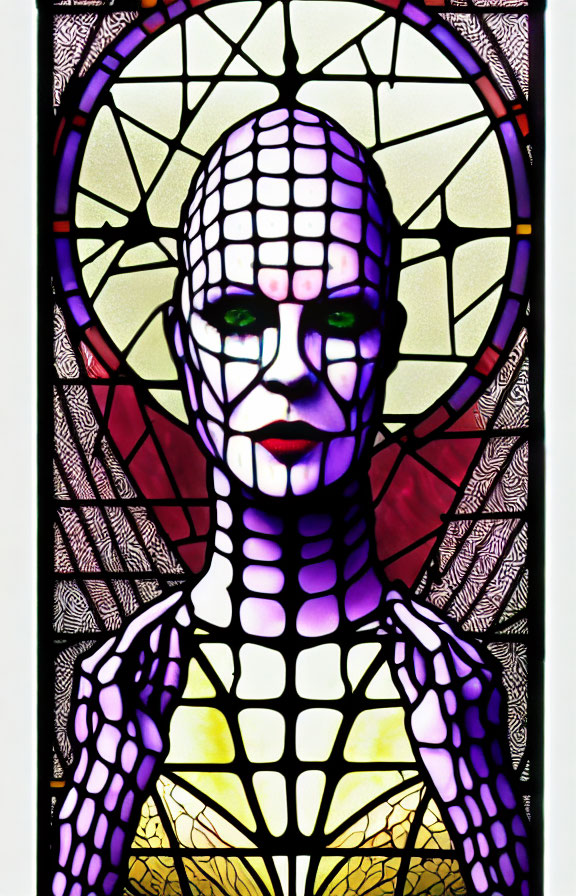 Colorful Stained Glass Background with Stylized Humanoid Figure