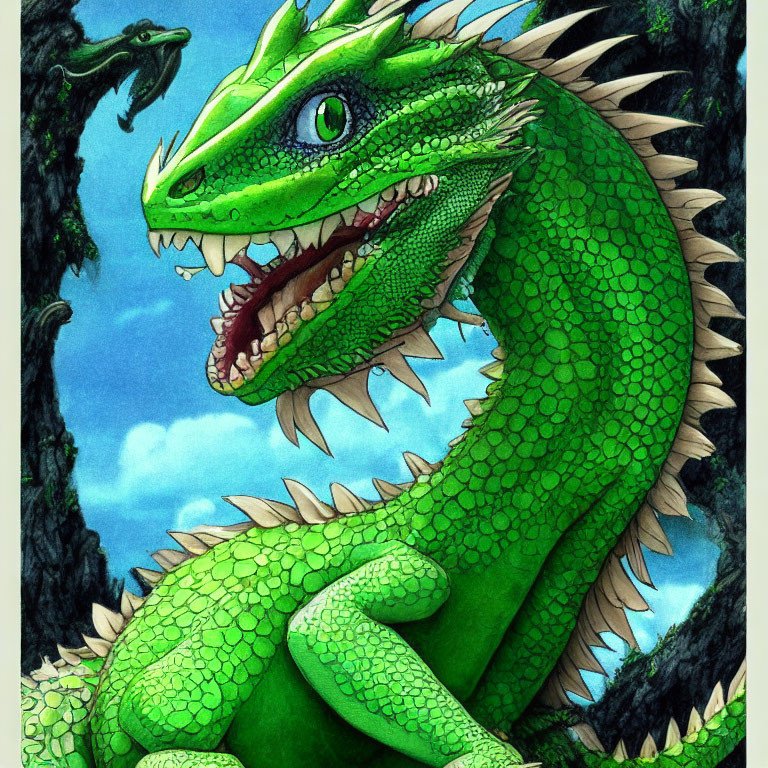 Detailed green dragon illustration in forest setting