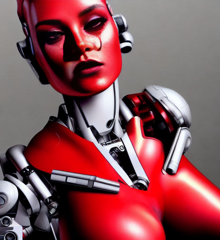 Red-skinned female android with futuristic headphones and glossy white & red mechanical body parts.