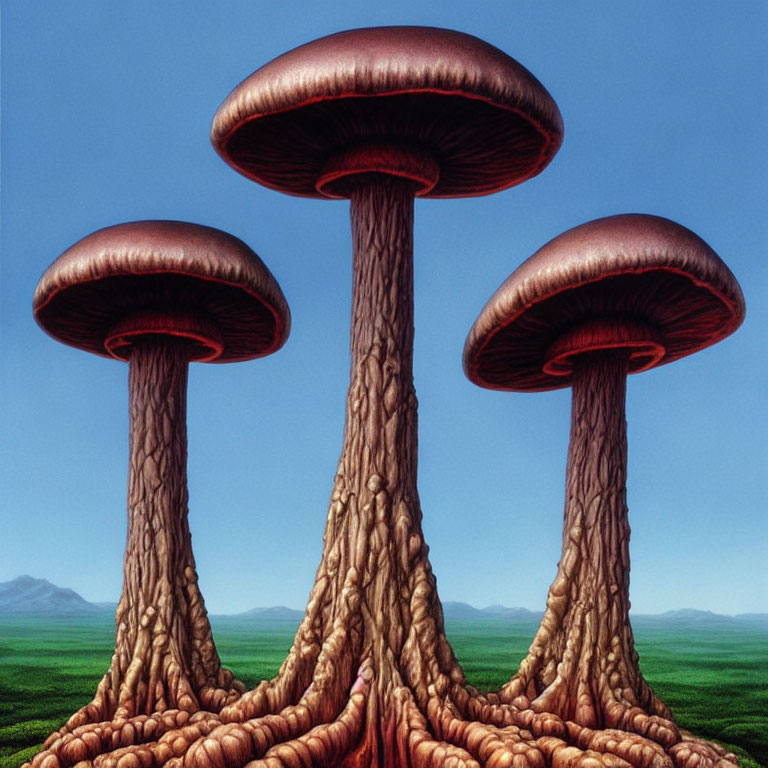 Three giant tree-like mushrooms against blue sky and green landscape