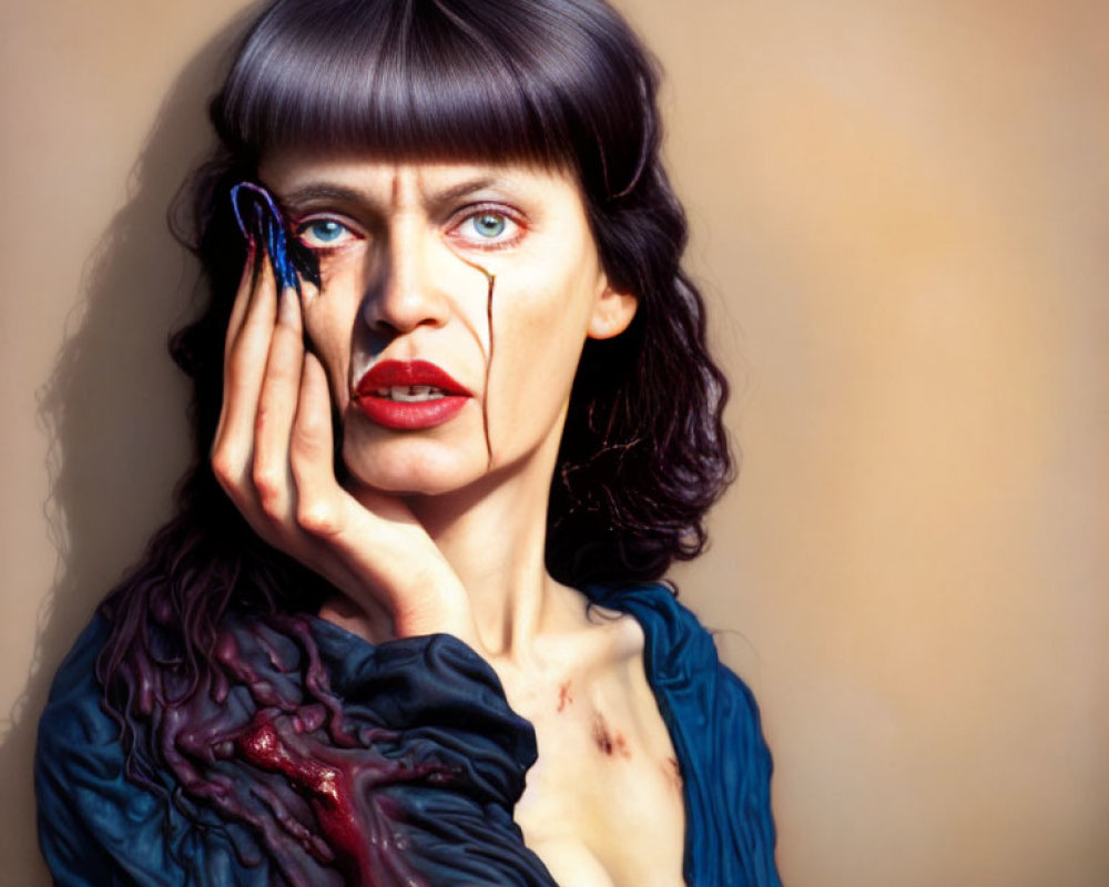 Woman with Striking Red Lipstick and Blue Eyeshadow Holding Butterfly