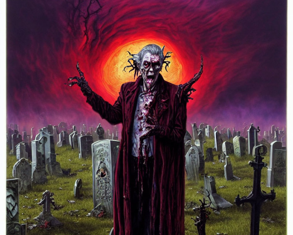 Menacing figure in tattered clothing in graveyard under blood-red sky