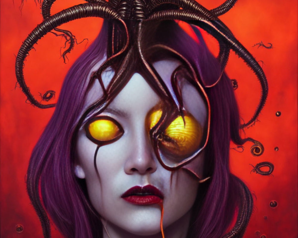 Purple-haired person with yellow eyes and snake-like head appendages on orange background