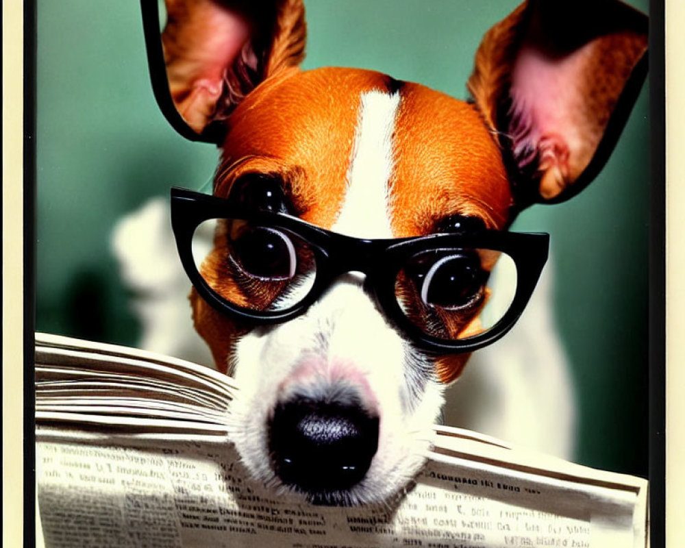 Jack Russell Terrier in black glasses reading book