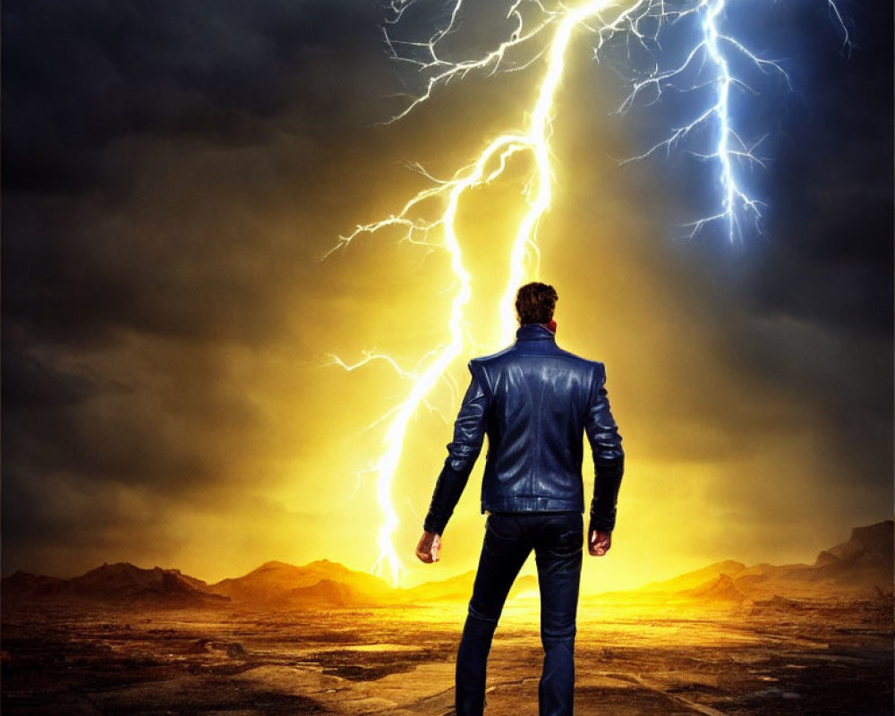 Man in leather jacket facing lightning striking barren landscape at dusk