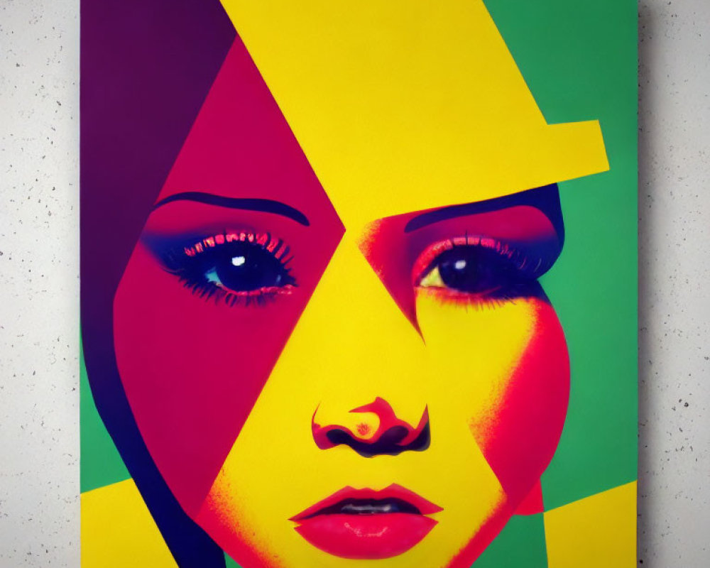 Colorful Geometric Portrait of Woman with Striking Eyes on Canvas