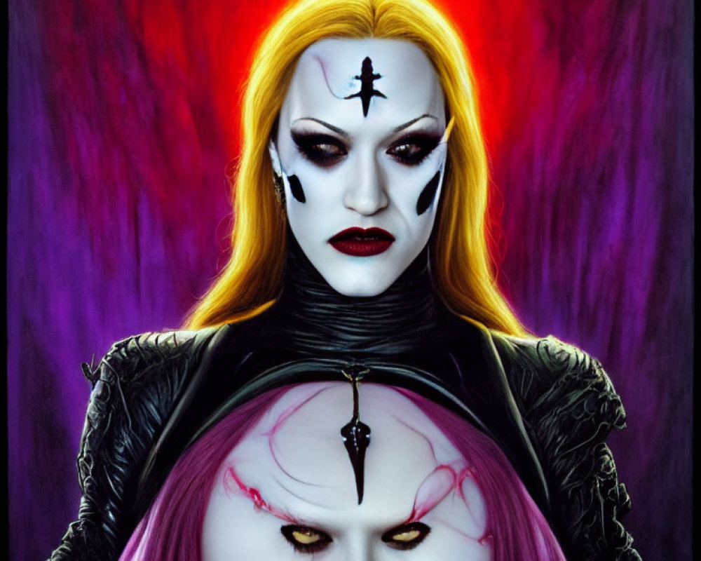 Theatrical makeup with inverted cross, yellow hair, purple and red backdrop