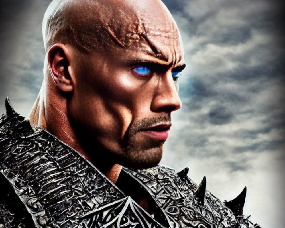 Bald man with blue eyes and intricate face paint under stormy sky