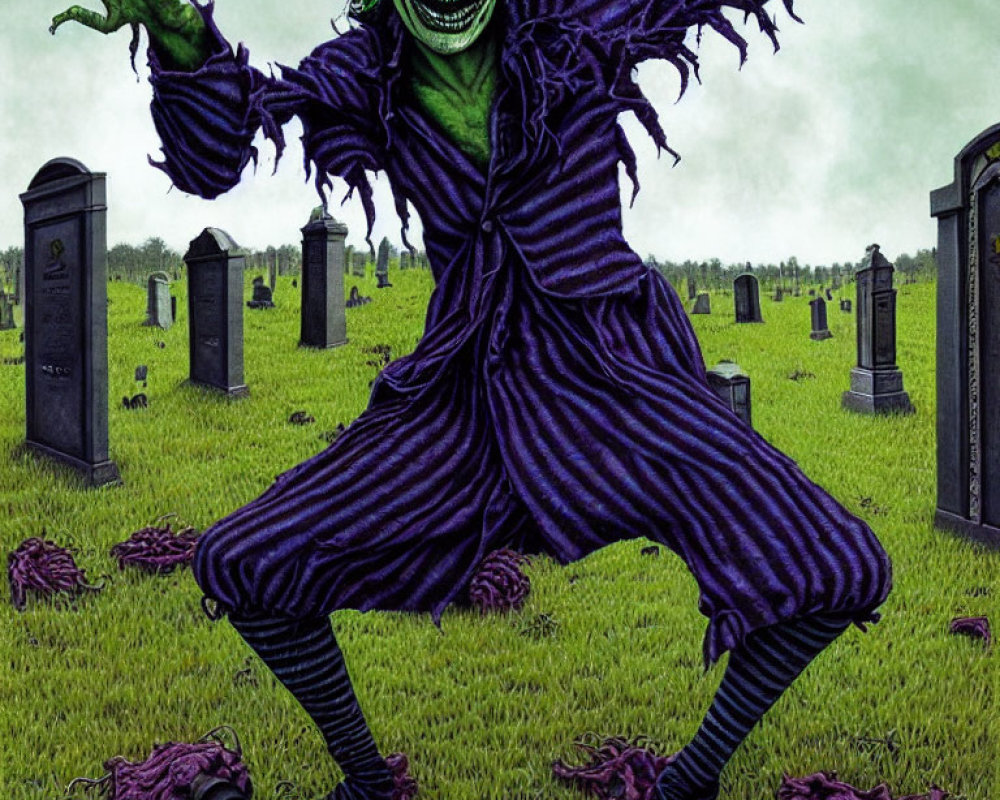 Green-faced character in striped suit with wild hair in graveyard setting