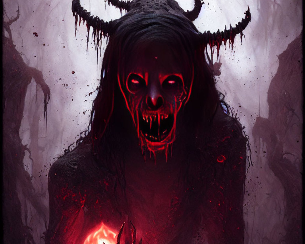 Sinister figure with glowing red eyes and skull-like face holds glowing heart in eerie forest landscape