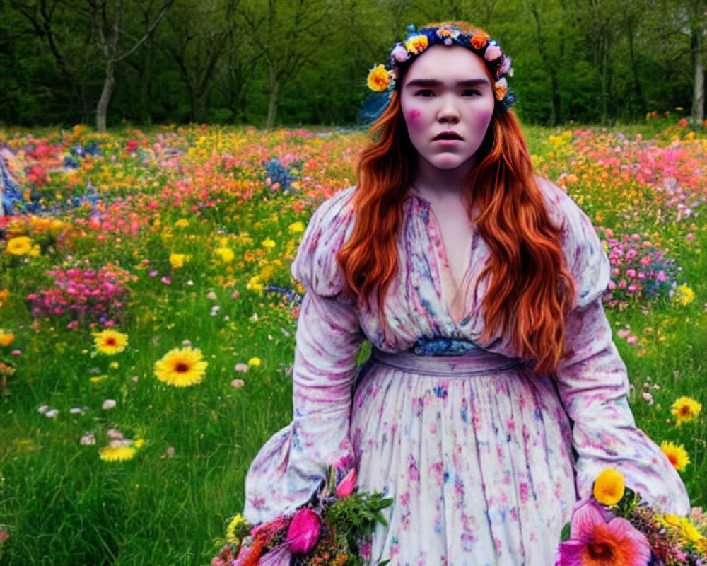 Woman with floral headband in vibrant wildflower field holding flower basket