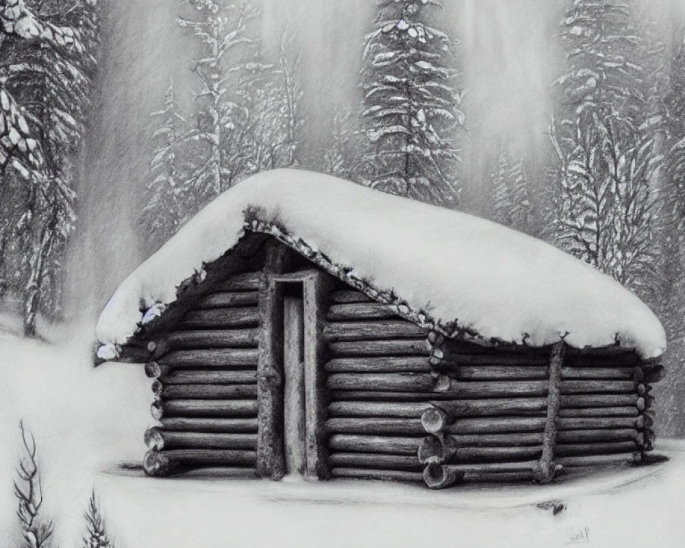 Snow-covered log cabin and pine trees in tranquil winter landscape