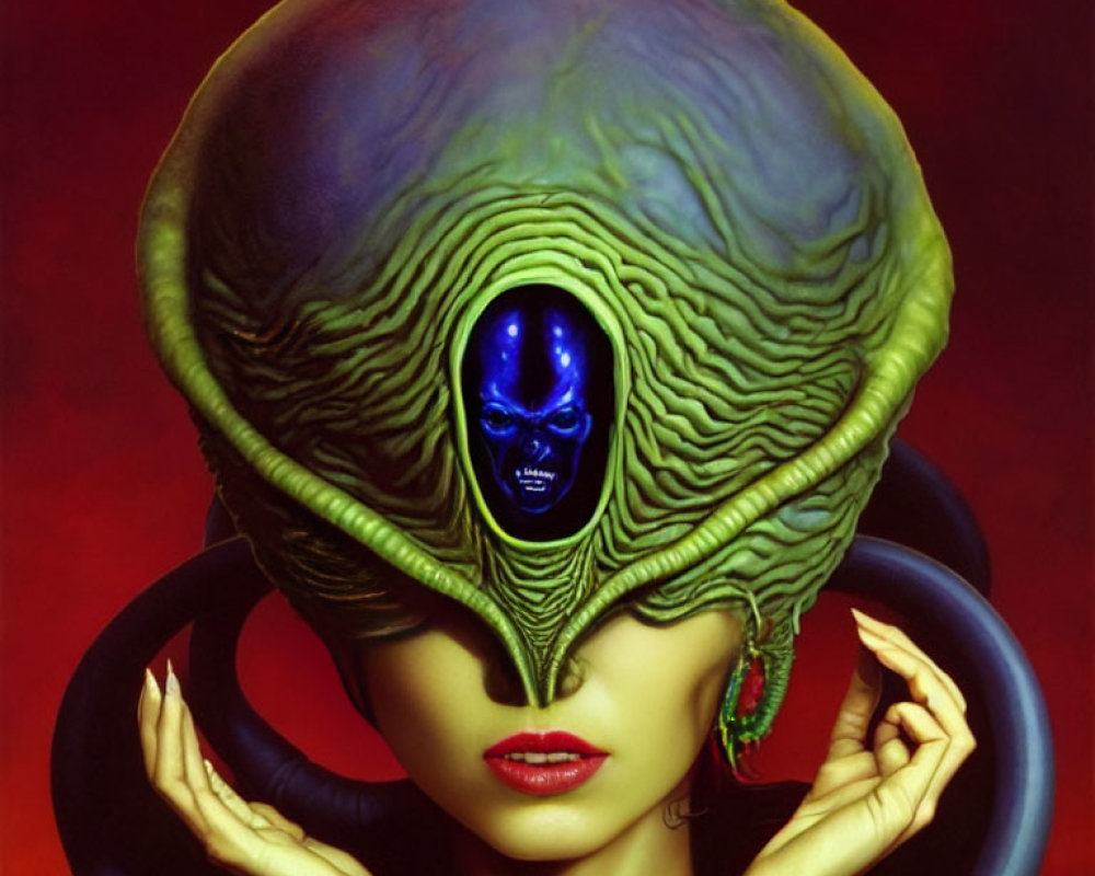 Person with large alien-like headpiece in green tones, blue-faced with red lips on red backdrop