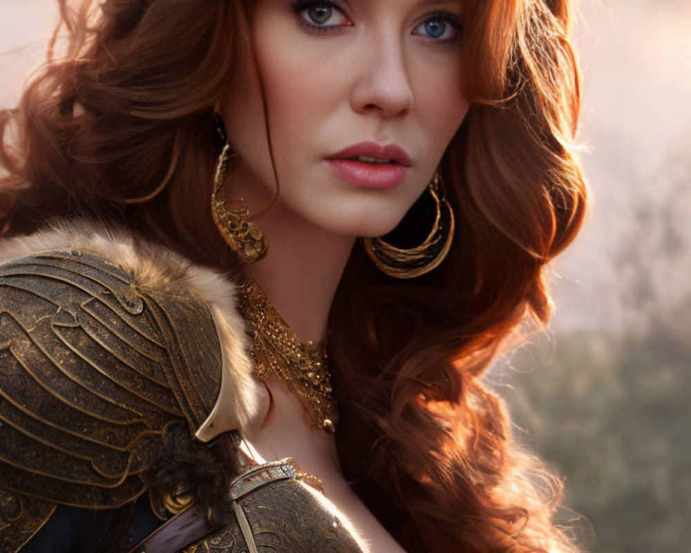 Woman with Curly Red Hair in Golden Armor and Jewelry on Blurred Background