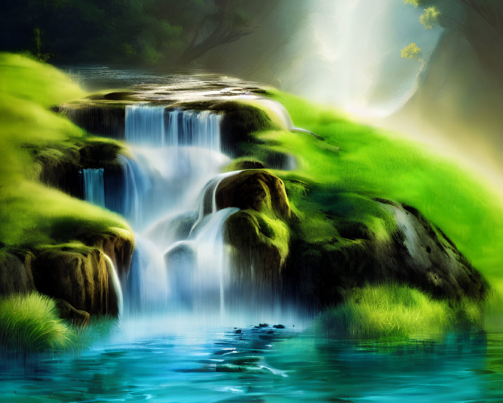 Serene Waterfall Surrounded by Lush Greenery and Blue Pool