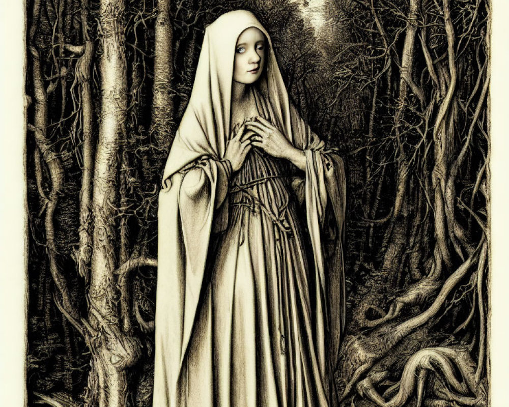 Monochrome illustration of robed woman in forest with detailed trees