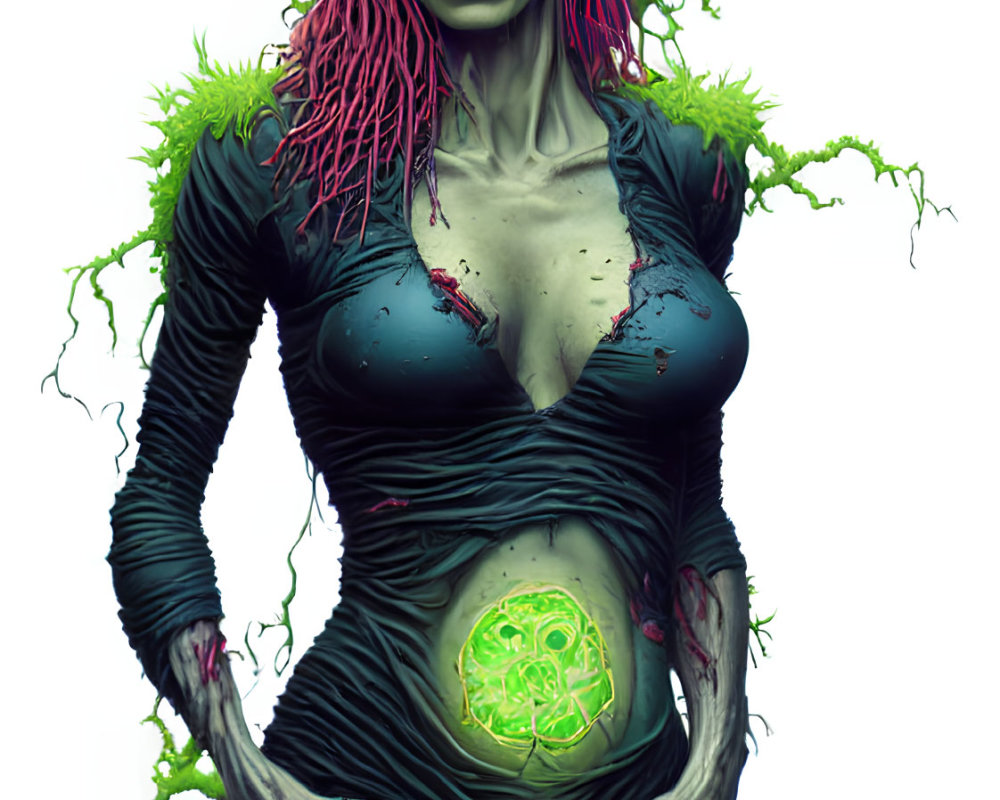 Female figure with green skin, glowing abdomen, pink hair, and neon green energy tendrils