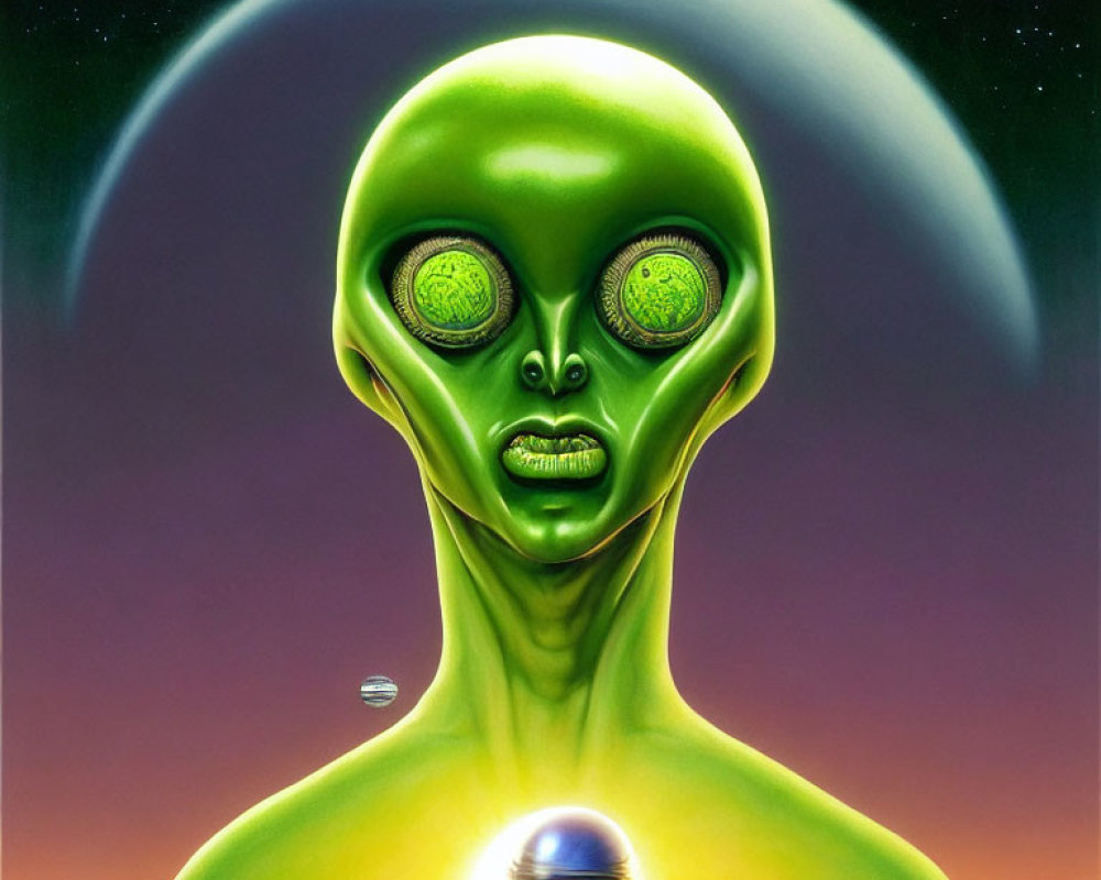 Green-skinned alien with large yellow eyes in cosmic setting