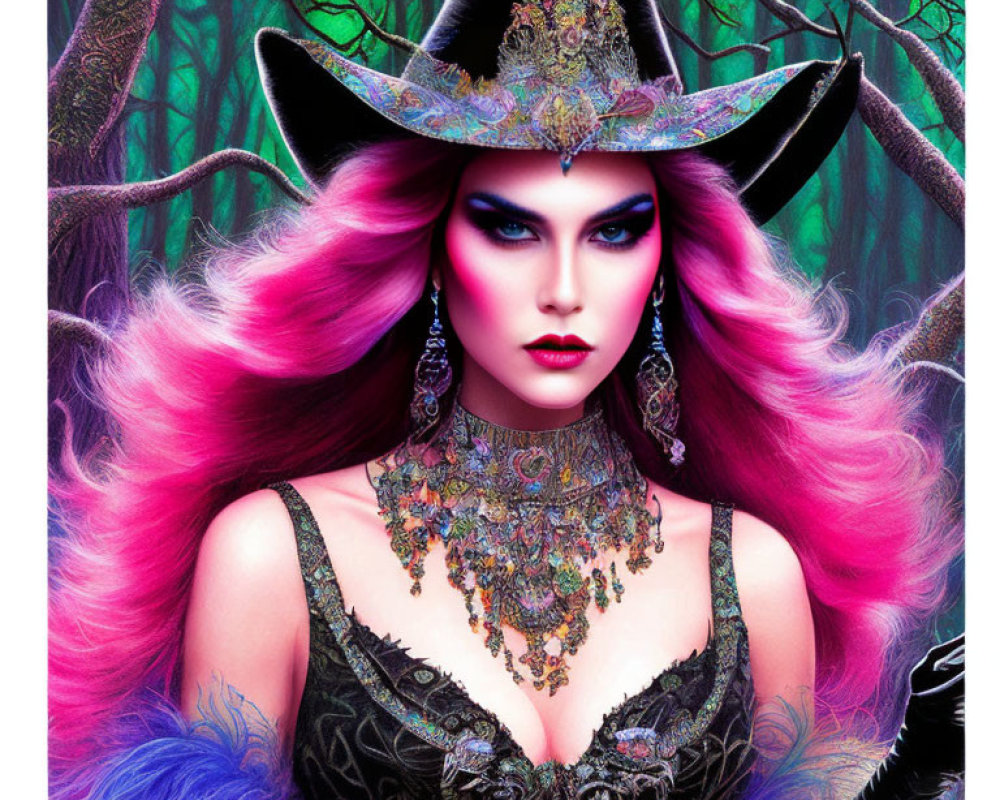 Vibrant pink-haired woman in black hat against eerie forest backdrop