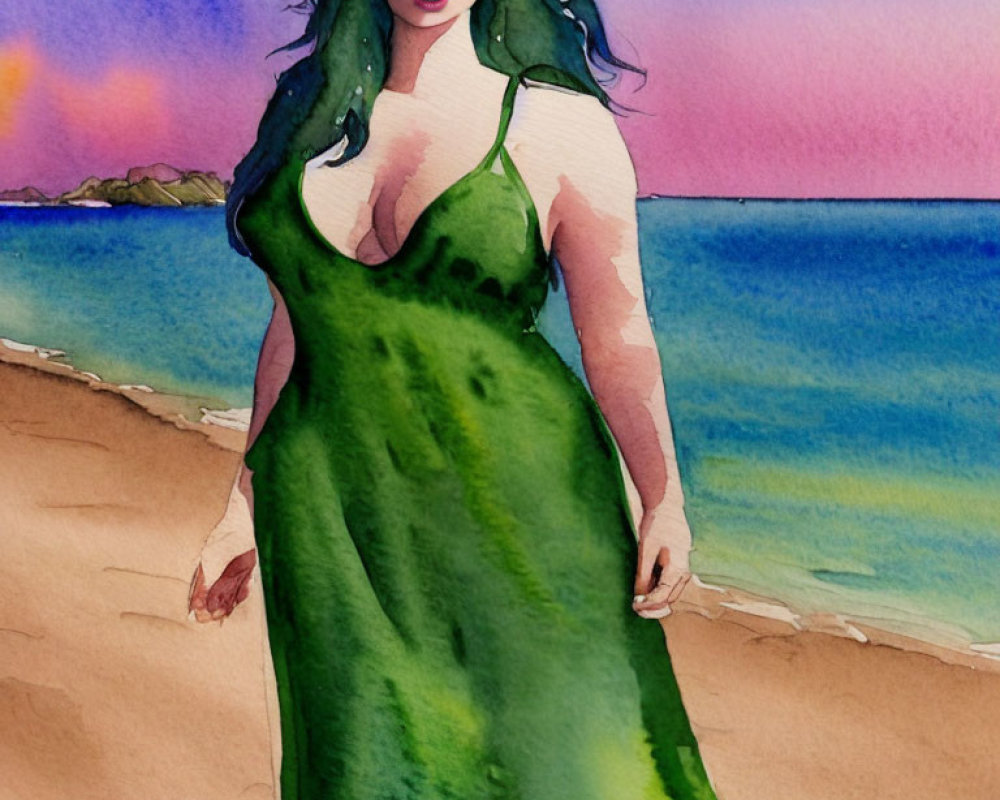 Watercolor painting of woman with green hair on beach at sunset