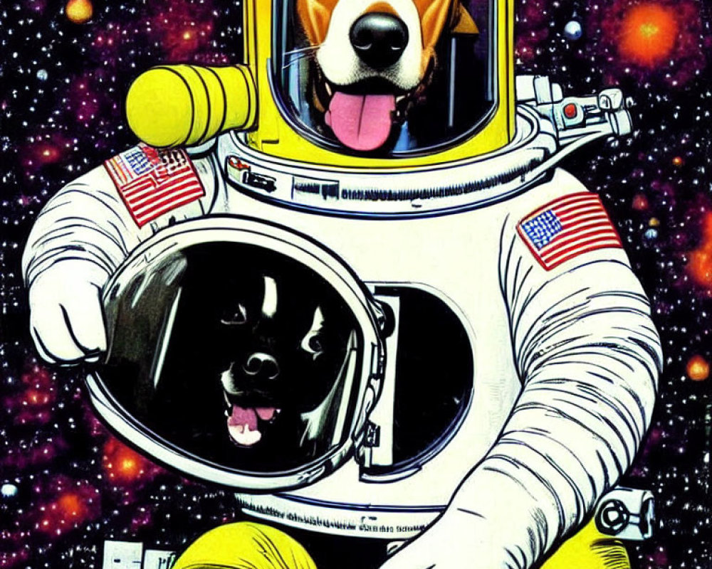 Two dogs in astronaut suit with one face inside helmet and the other reflected on visor against starry