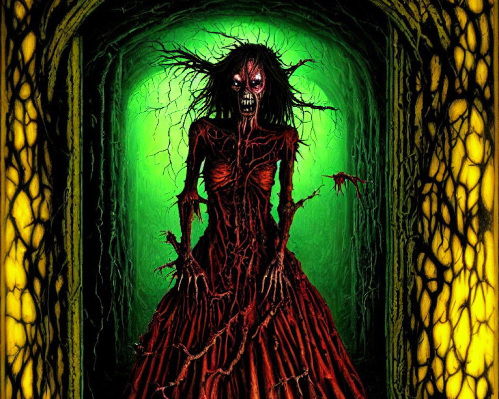 Skeletal woman in tattered dress under eerie green light