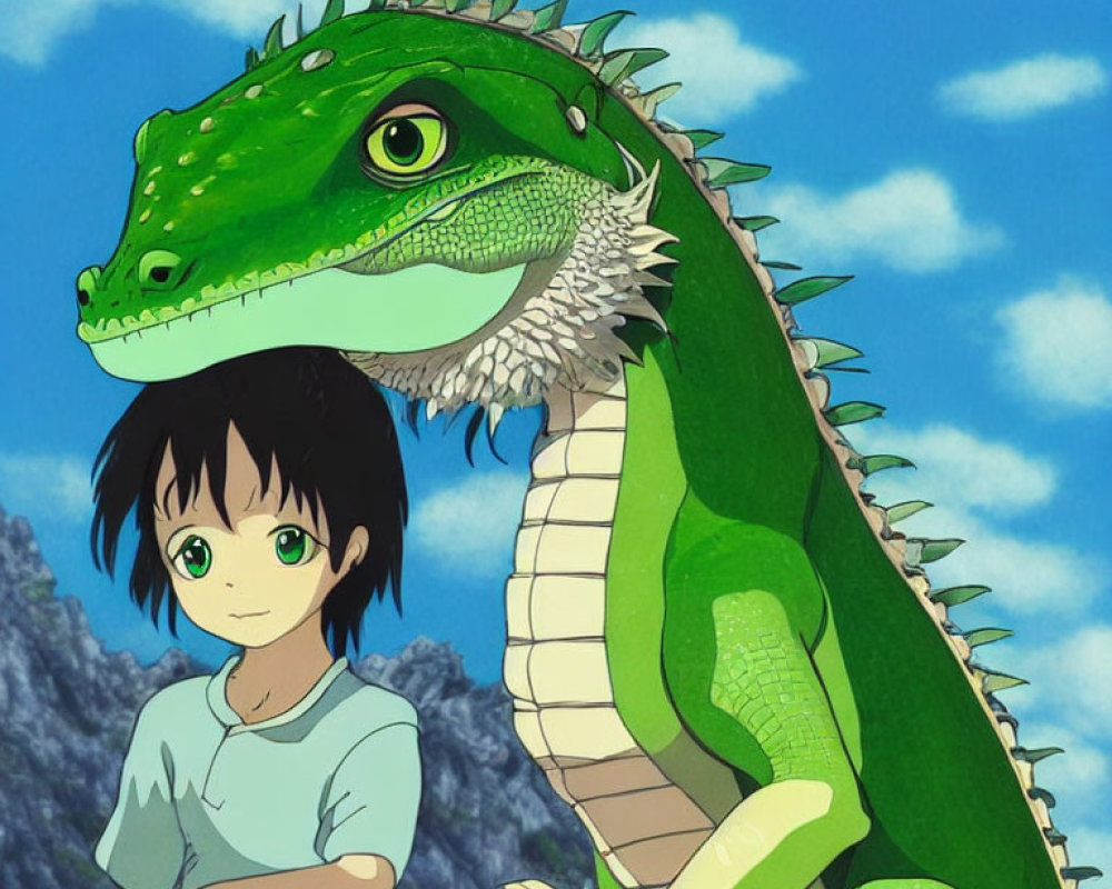 Young boy and green iguana under clear blue skies