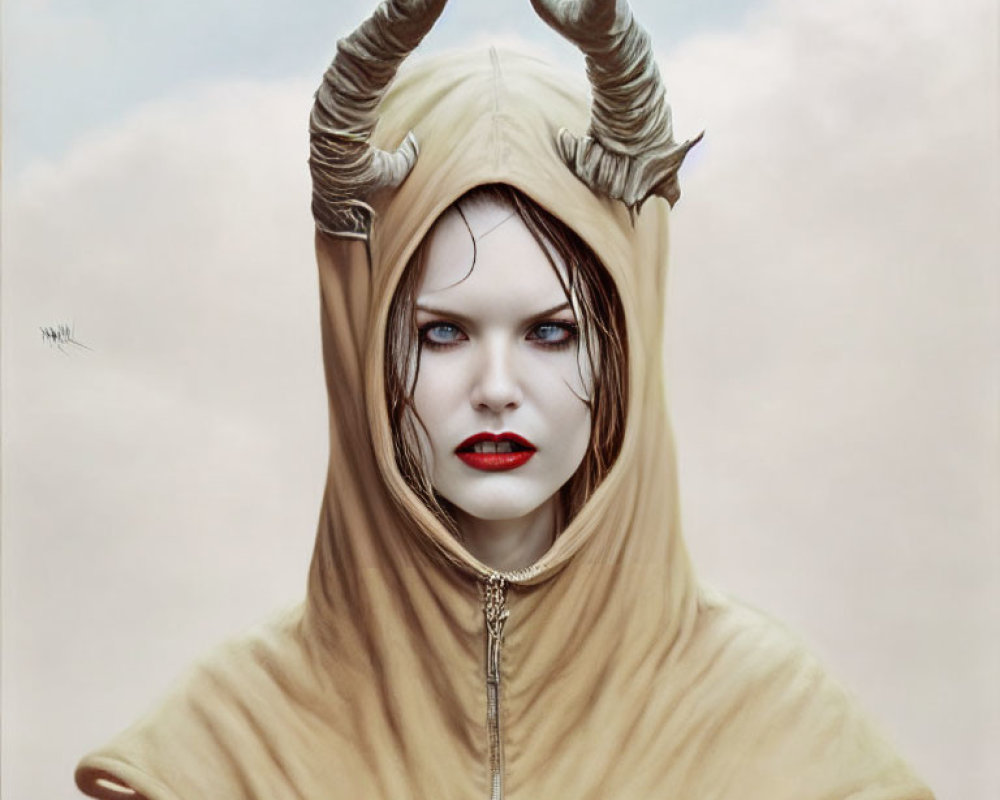 Woman with Striking Blue Eyes in Hood with Large Curving Horns