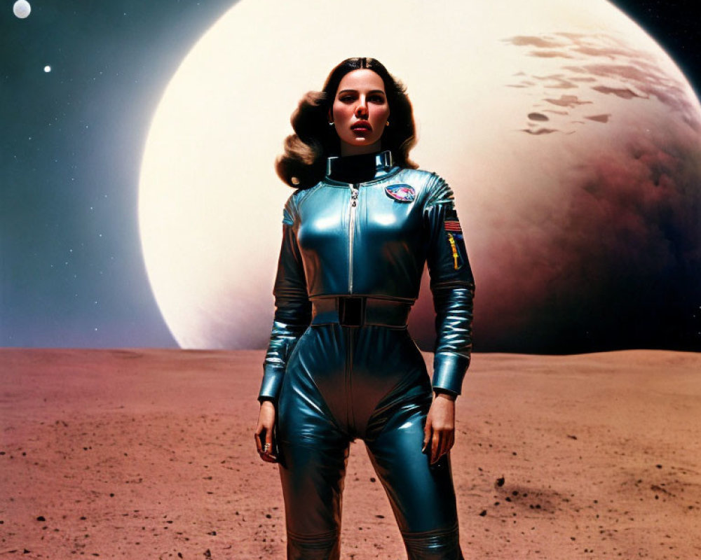 Futuristic woman in space suit on rocky surface with planet and starry sky