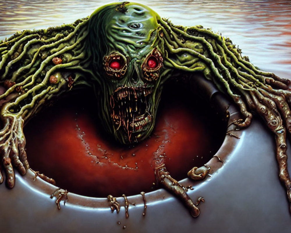 Skull-faced creature with red eyes and green tendrils on liquid surface