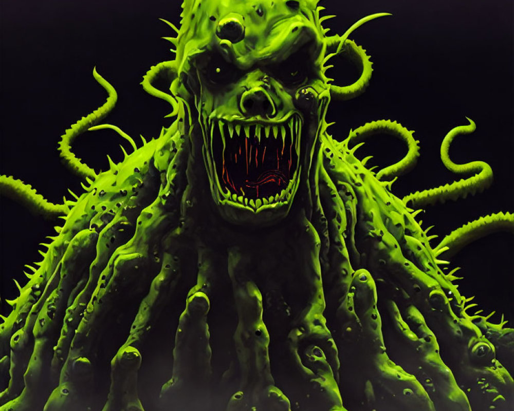 Monstrous green creature with spikes and tentacles on dark background