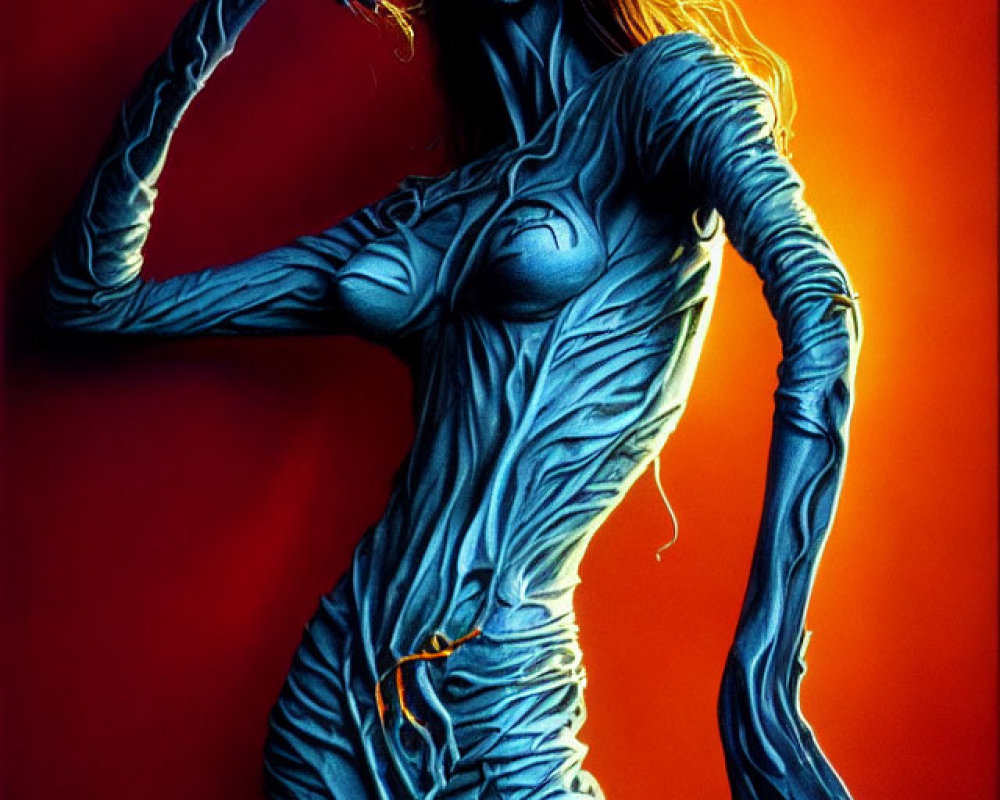 Eerie female figure with claw-like fingers and glowing eyes on red background