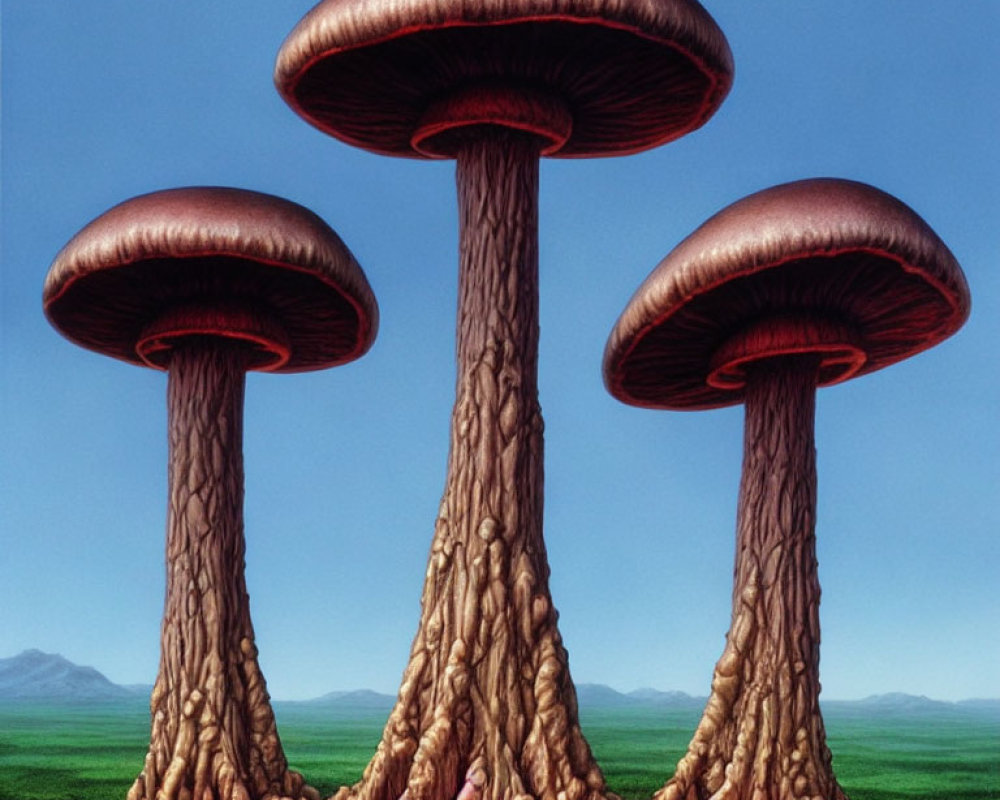 Three giant tree-like mushrooms against blue sky and green landscape