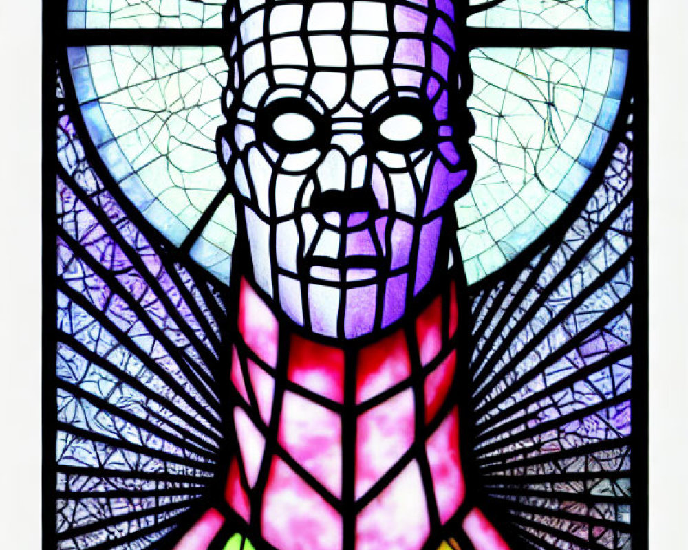 Colorful abstract stained glass window with humanoid face in blue, purple, yellow, and red.