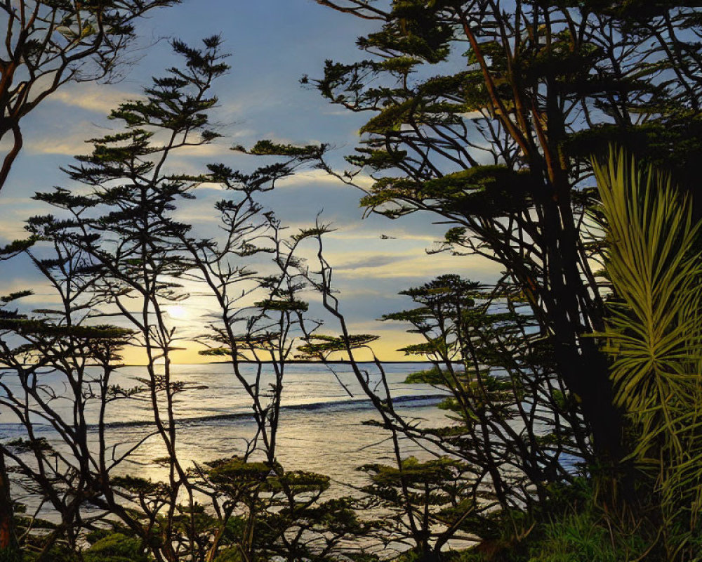 Tranquil sunset scene with silhouetted trees and calm sea