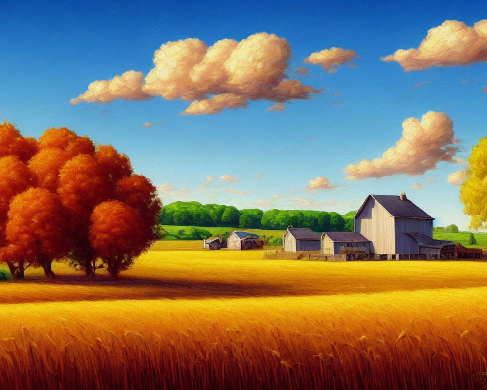 Colorful rural landscape painting with barn, golden fields, trees, and blue sky.