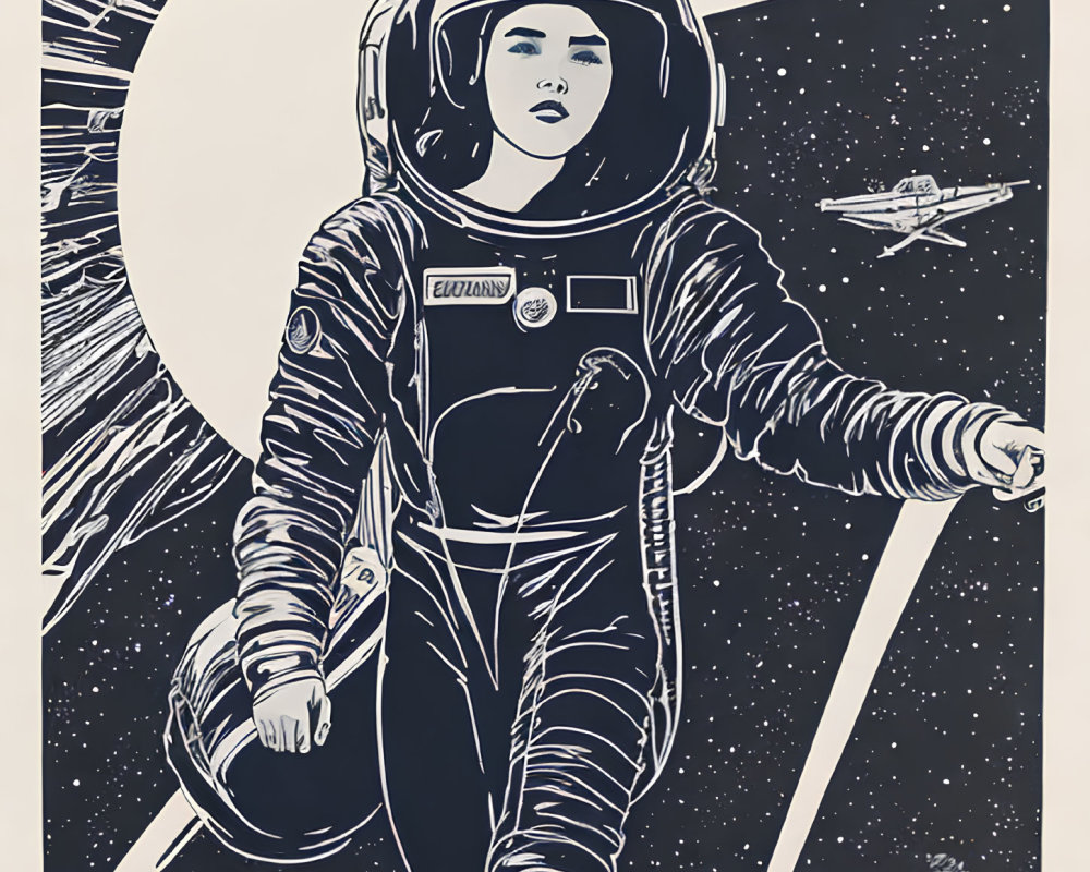 Astronaut in space suit with large helmet, crescent moon, distant spacecraft.