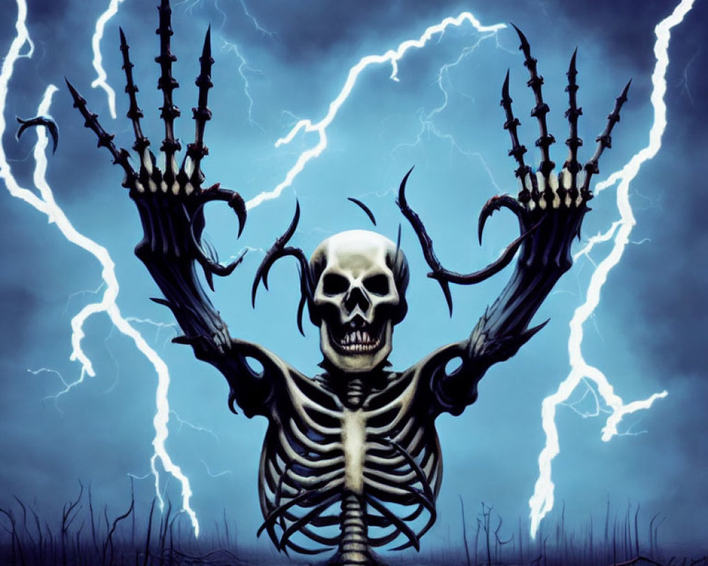 Elaborate Horned Skeleton Against Stormy Sky Symbolizing Power