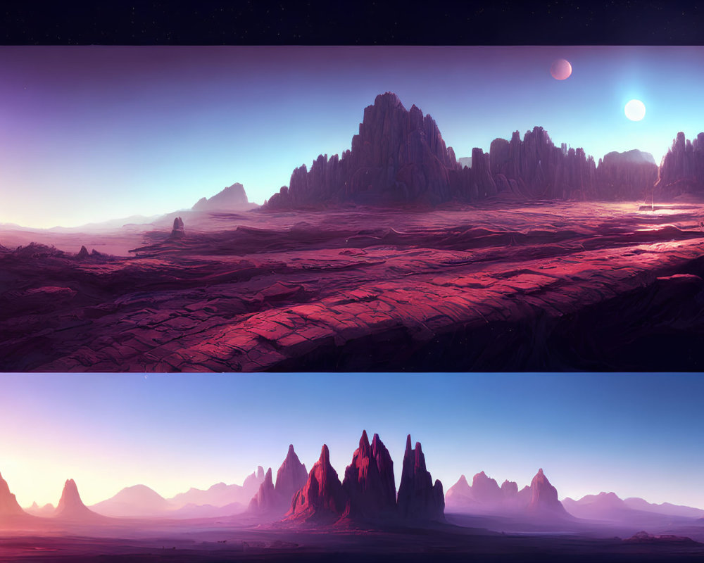 Alien landscape with rock formations, dual moons, and vibrant sky