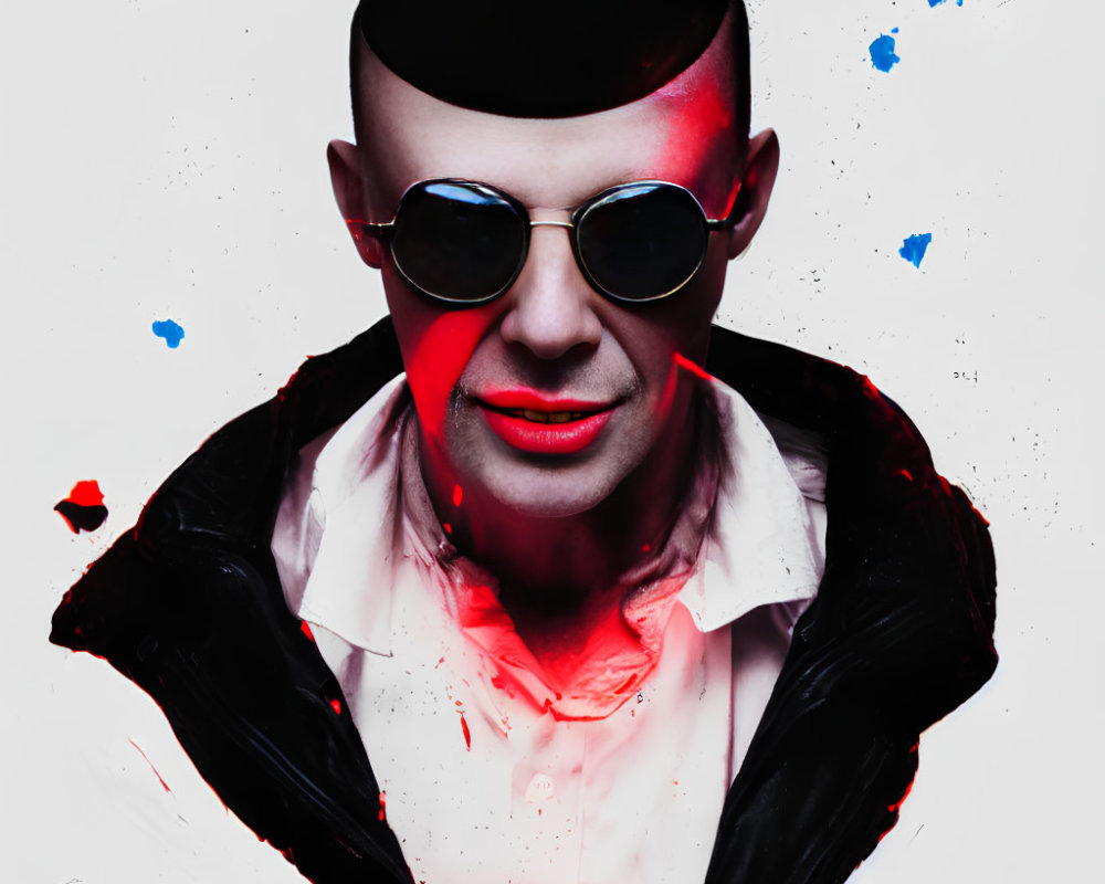 Person with Black Cap and Sunglasses in Artistic Portrait with Blue and Red Paint Splashes