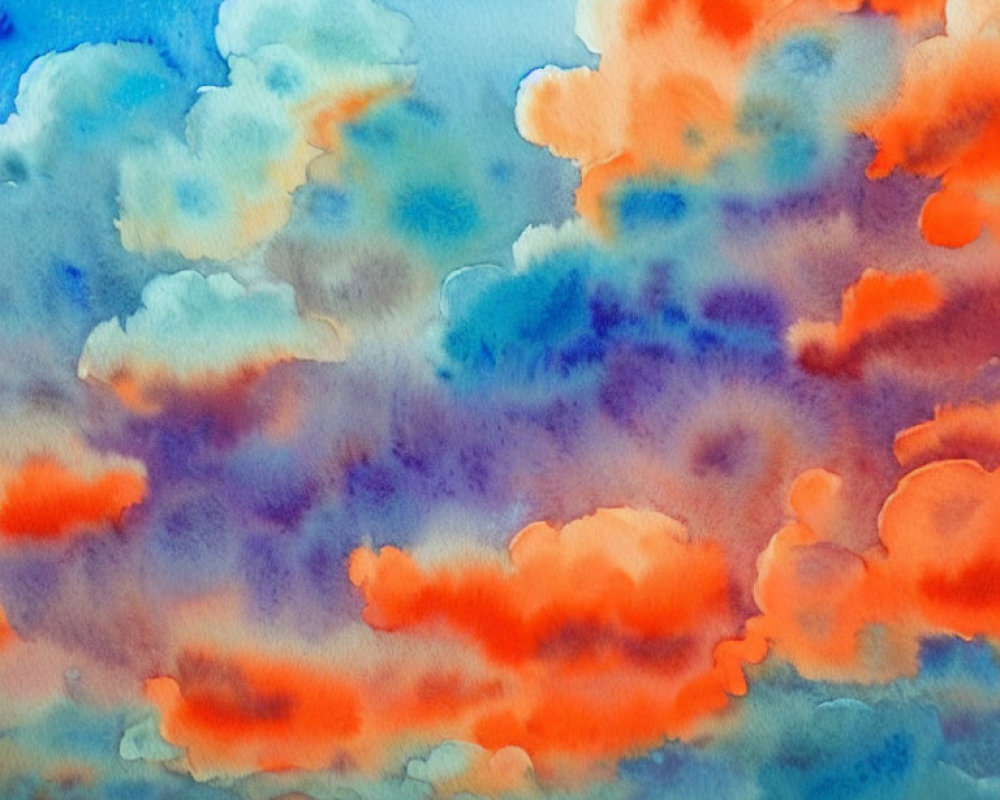 Colorful Watercolor Painting of Orange, Blue, and Purple Sky