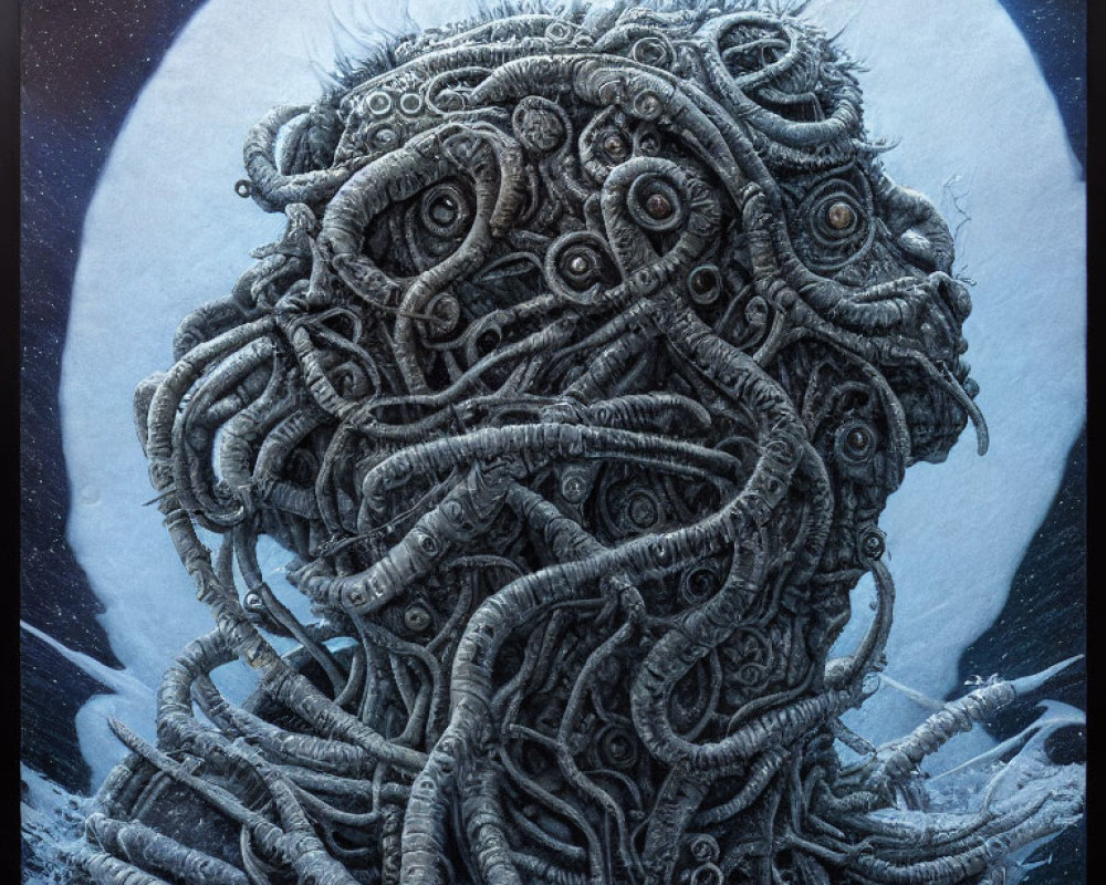 Detailed illustration: Tentacled creature against moonlit sky