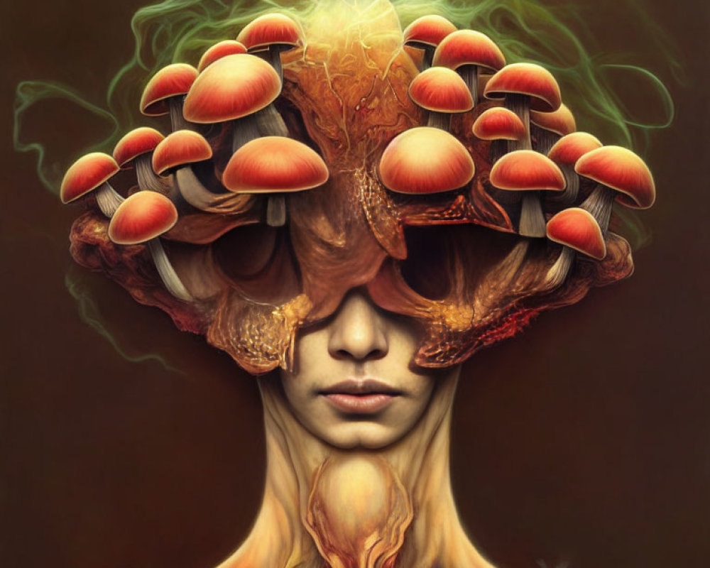 Surreal artwork: person with mushroom hair and eyes on warm backdrop