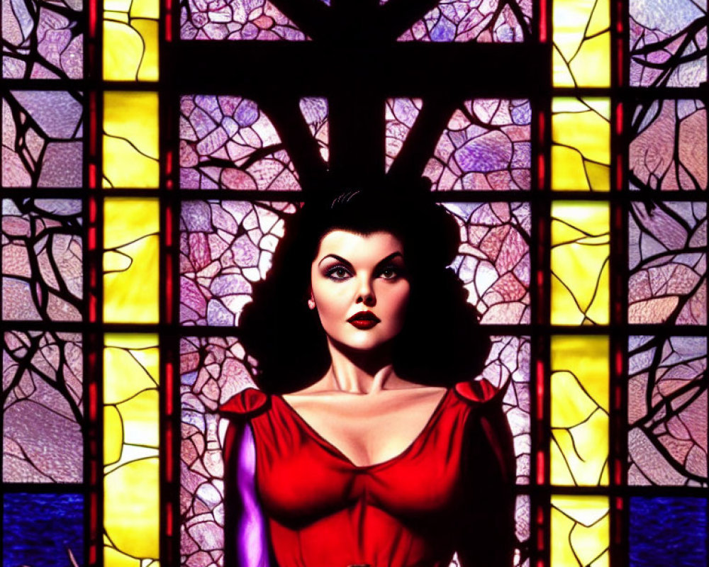 Black Haired Woman in Red Dress by Colorful Tree Stained Glass