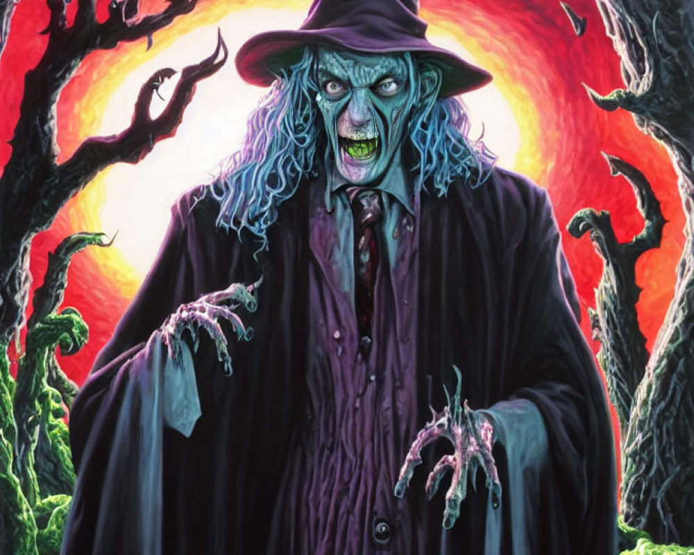 Illustration of menacing witch with green skin, black hat and claws in front of fiery tree.