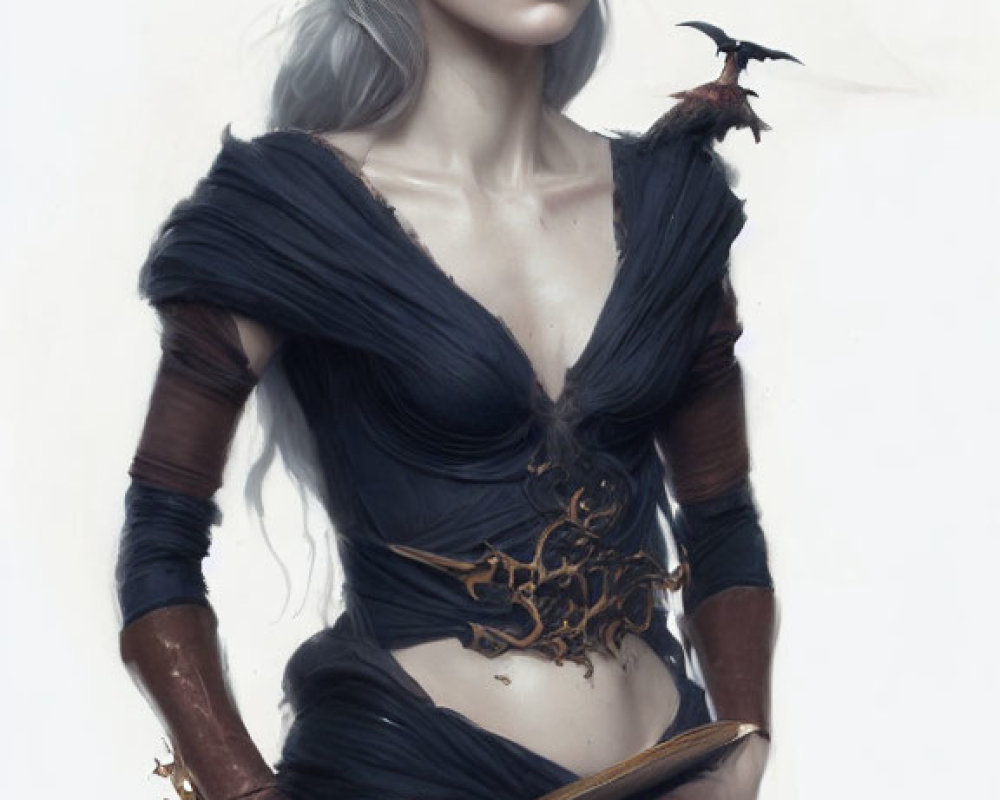 Digital artwork of pale-skinned woman with white hair, dressed in black, holding a book with bird