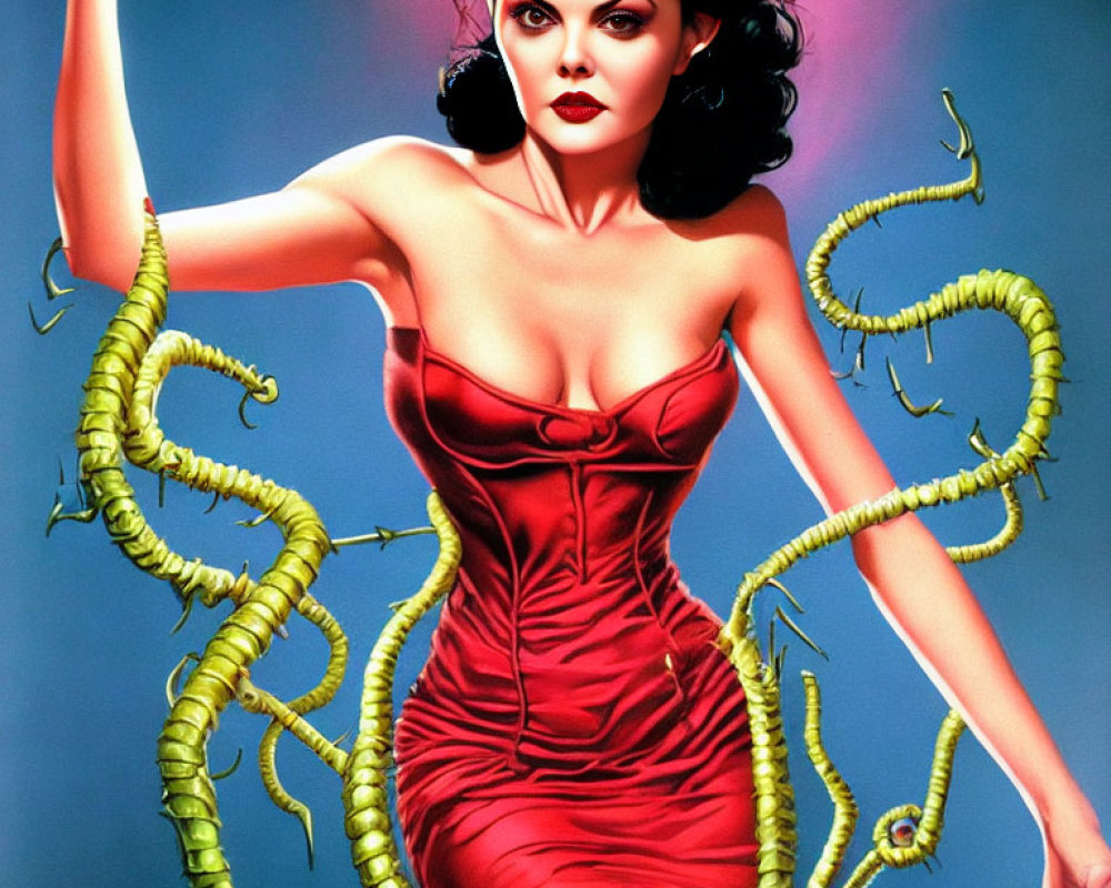 Woman in red dress with dramatic expression, green serpents on blue background