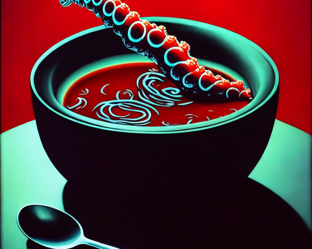 Surreal bowl with tentacle-like structure and spoon on red background