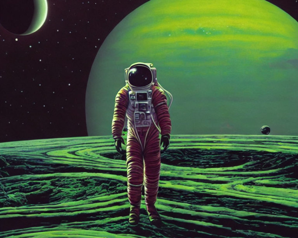 Astronaut on rocky surface with green planet and moons in background